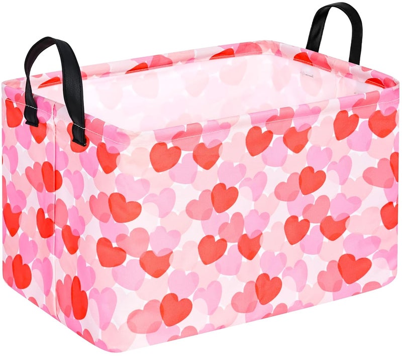 FUULOXE Rectangular Valentines Basket Storage Bin for Shelves Girls Gifts Baskets Foldable Box with Handles for Home Office Car Dormroom Valentine's Day Party Supplies - Image 1